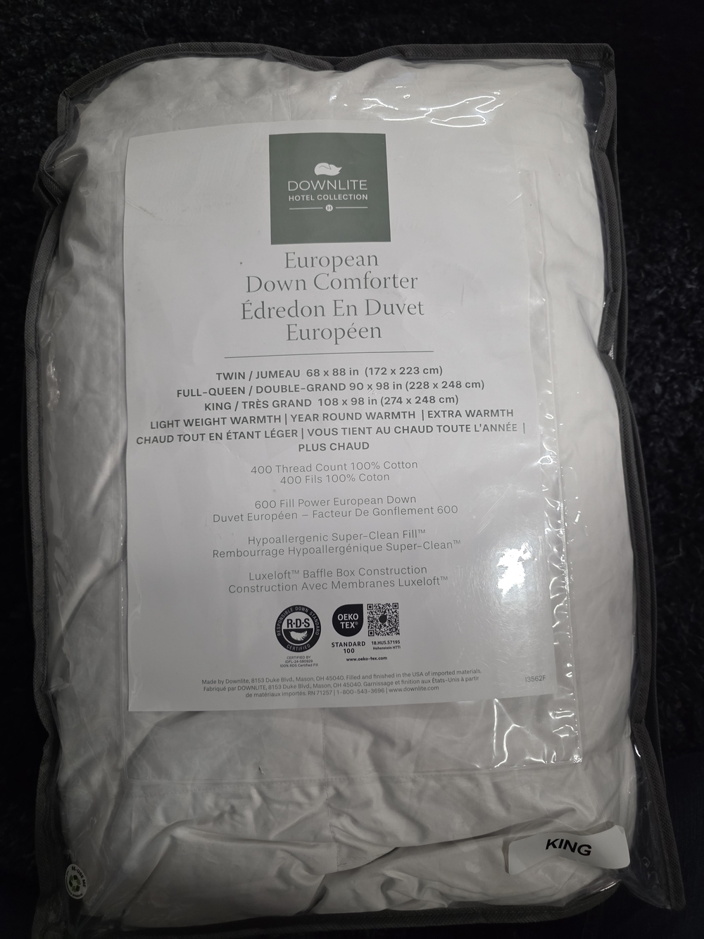 ​Downlite Hotel Collection King European Down Comforter 600 Fill Power NWOT